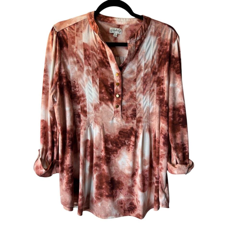 Wonderly Top Womens Size Large Long Roll Tab Sleeve Tie Dye Casual Blouse